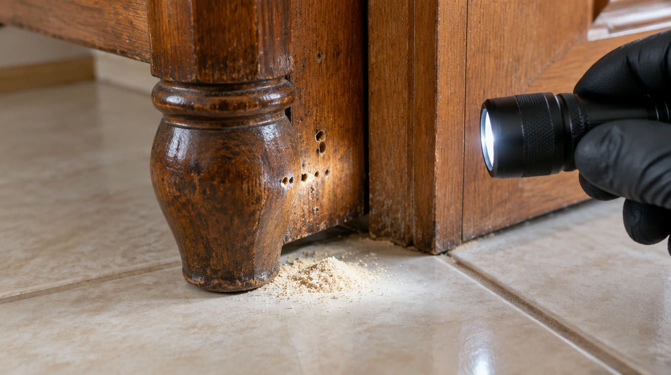 An old wooden wardrobe leg with small round holes and a pile of fine powder beneath it on a tiled floor, with a gloved hand holding a torch