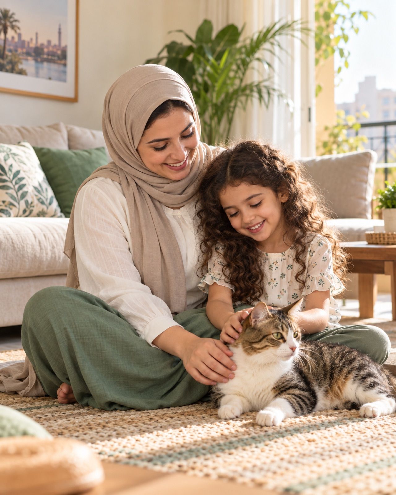Illustrative photo of a mother and her daughter with their cat in a living room